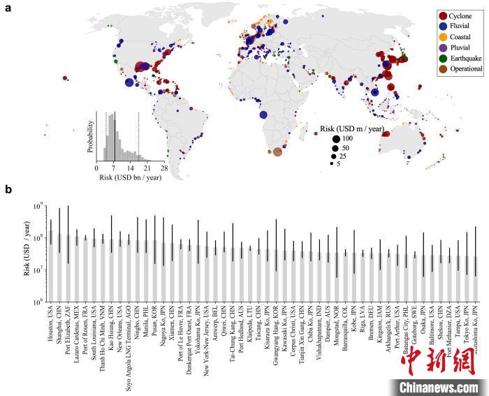 全球港口的自然灾害风险，包括前50个风险最大的港口(图源：论文作者)。　施普林格·自然 供图